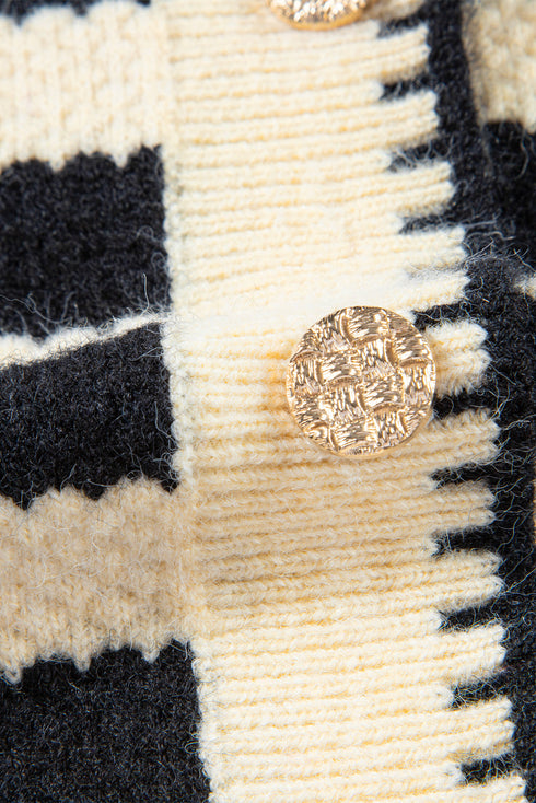 Gold-Tone Button Stripe Pattern Crew Neck Long Sleeve Knit Cardigan Sweater